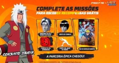 Colaboración Free Fire x Naruto Shippuden 2025 mostrando la Villa Oculta de la Hoja y personajes exclusivos