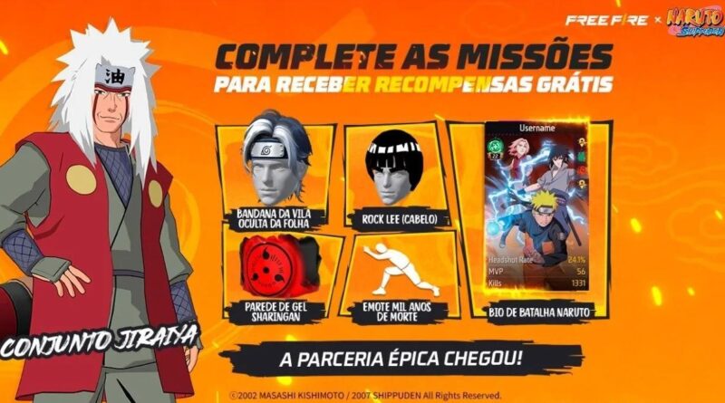 Colaboración Free Fire x Naruto Shippuden 2025 mostrando la Villa Oculta de la Hoja y personajes exclusivos