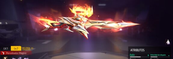 Imagen del Merodeador Mágico, un arma con diseño futurista y efectos de fuego, mostrando sus atributos como daño, velocidad de disparo y precisión.